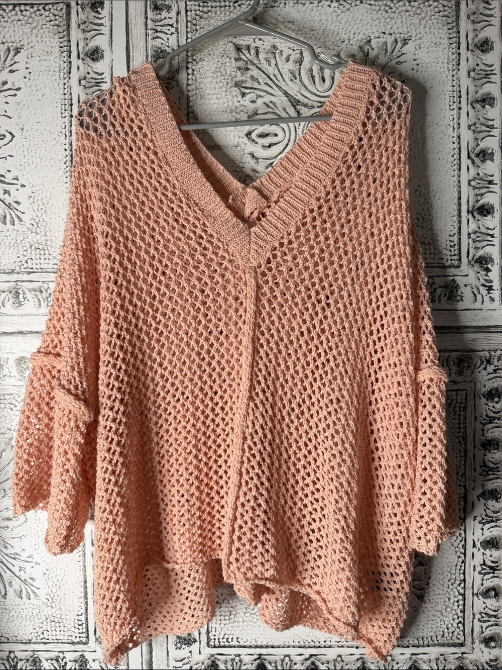 POL Peach Open-Knit V-Neck Pullover crochet